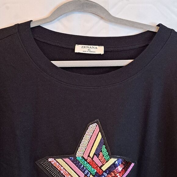Zenana Star Applique Sequin Colorful Frayed Hemlines Short Sleeve Top NWOT  XL - Picture 5 of 13